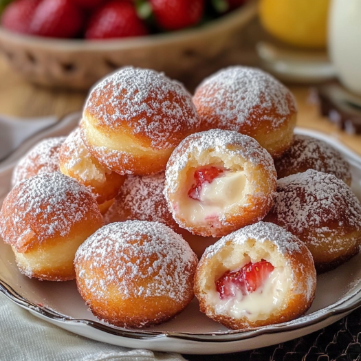A plate of strawberry cheesecake stuffed donut holes.