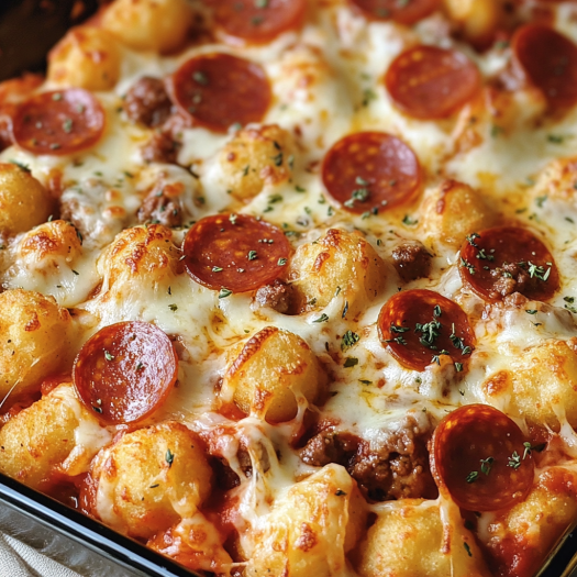 A close up of a meat lover's pizza tot casserole.