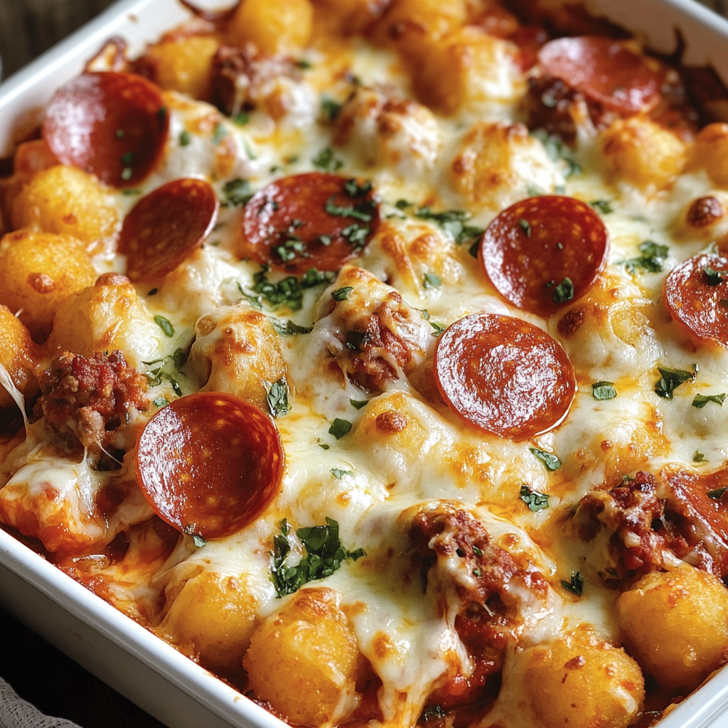 A white dish with a meat lover's pizza tots casserole.