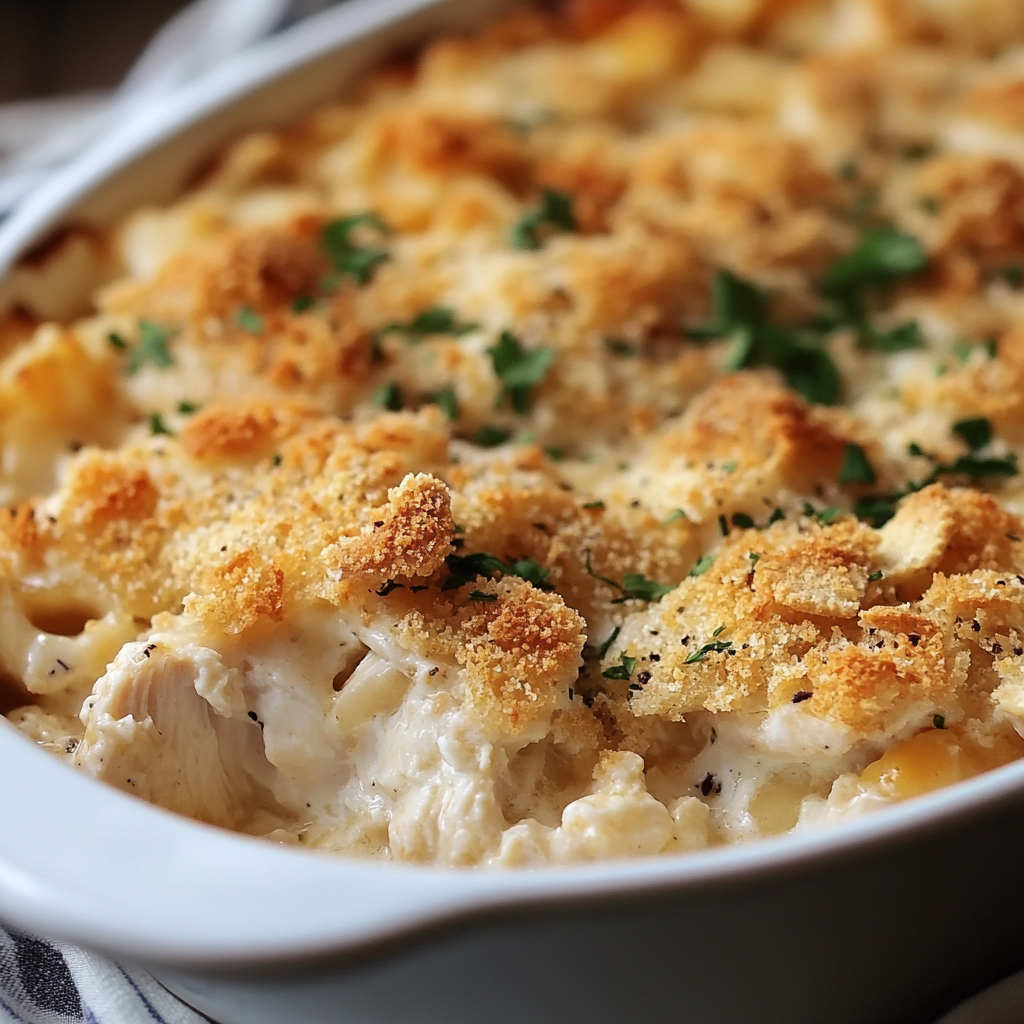 A dish of Ritz cracker chicken casserole.