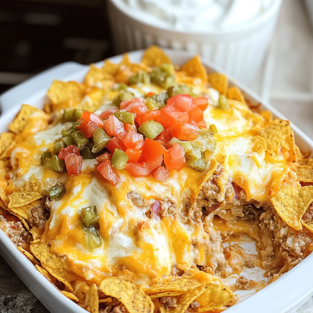A plate stacked with cheesy nachos and tomatoes.