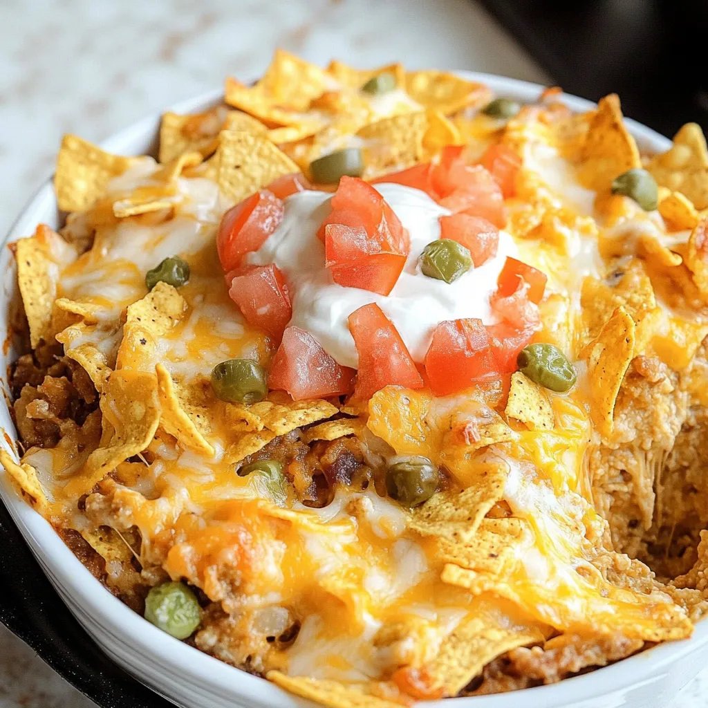 Cheesy nachos in a bowl with white sauce.