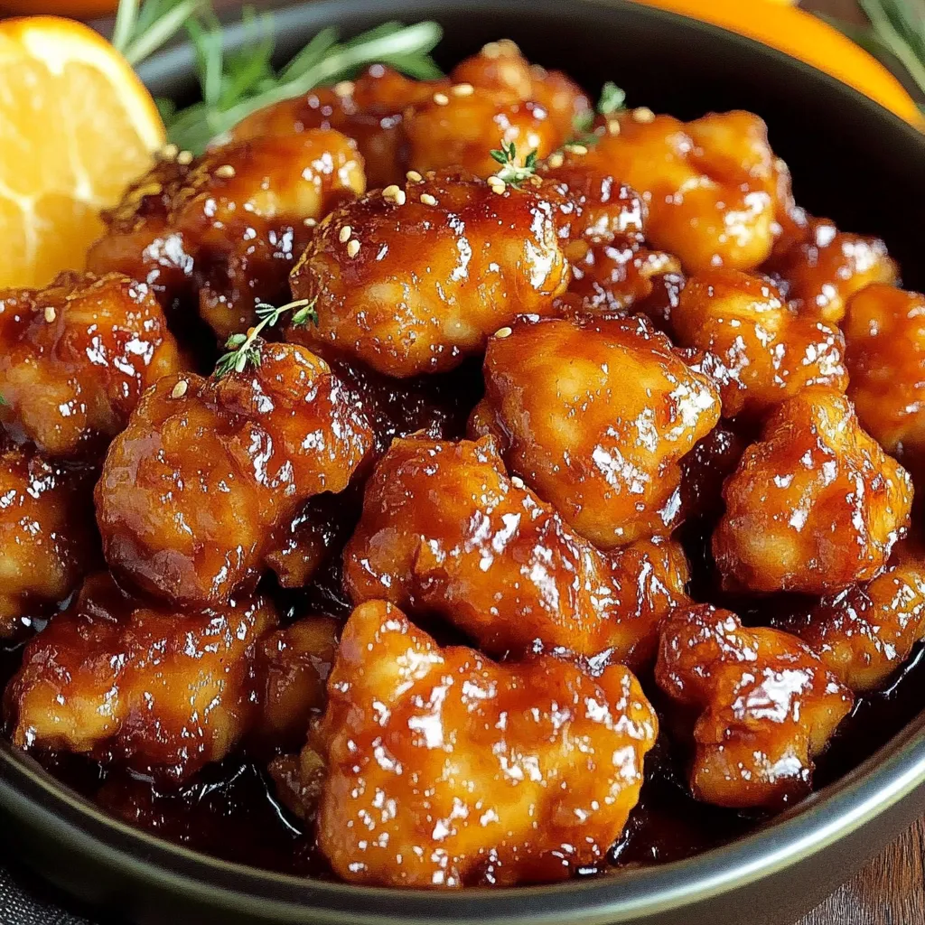 A bowl of chicken with a slice of orange on top.