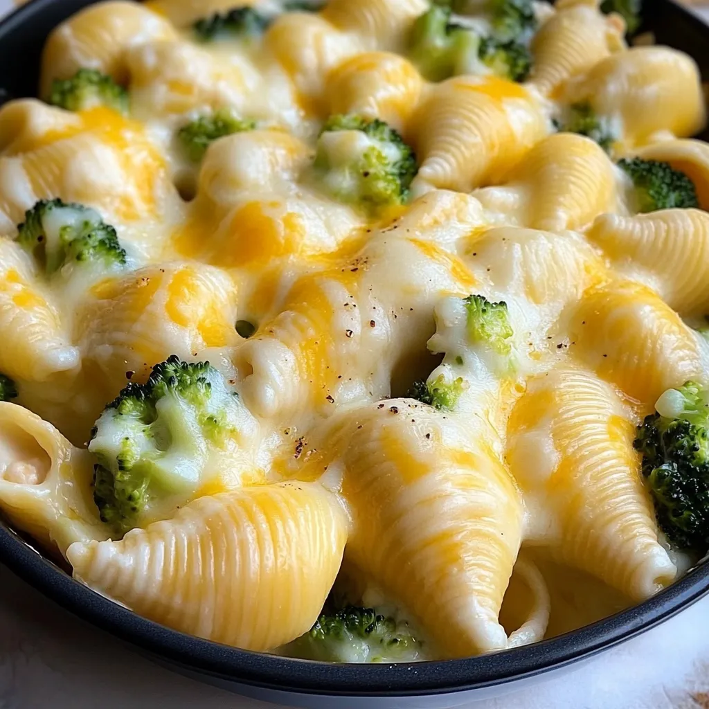 Big bowl of cheesy pasta with broccoli.