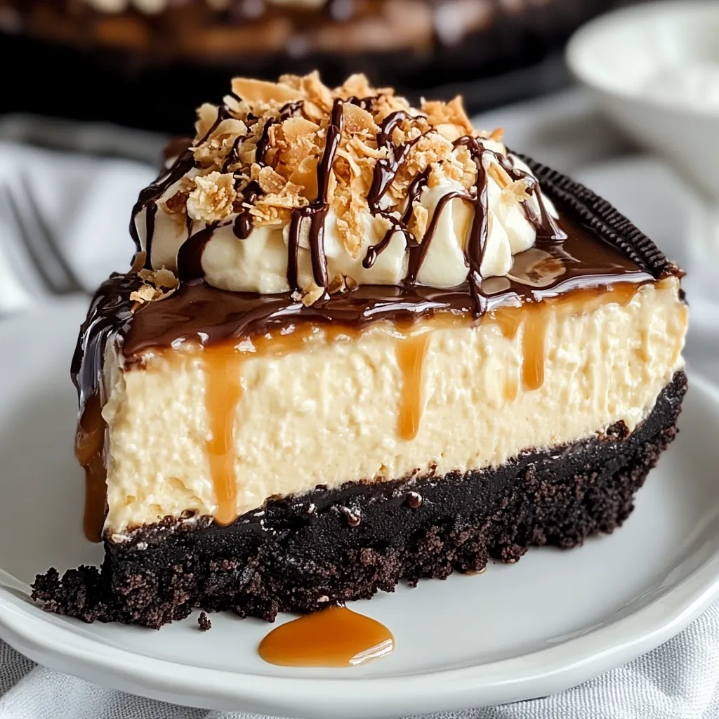 A slice of Samoa cheesecake with caramel drizzle.