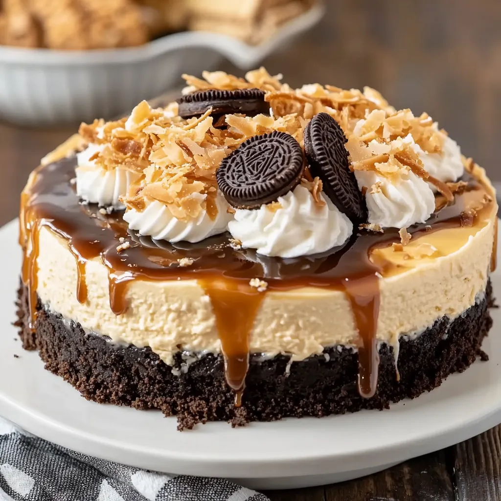 A slice of Samoa cheesecake with chocolate and caramel drizzle.