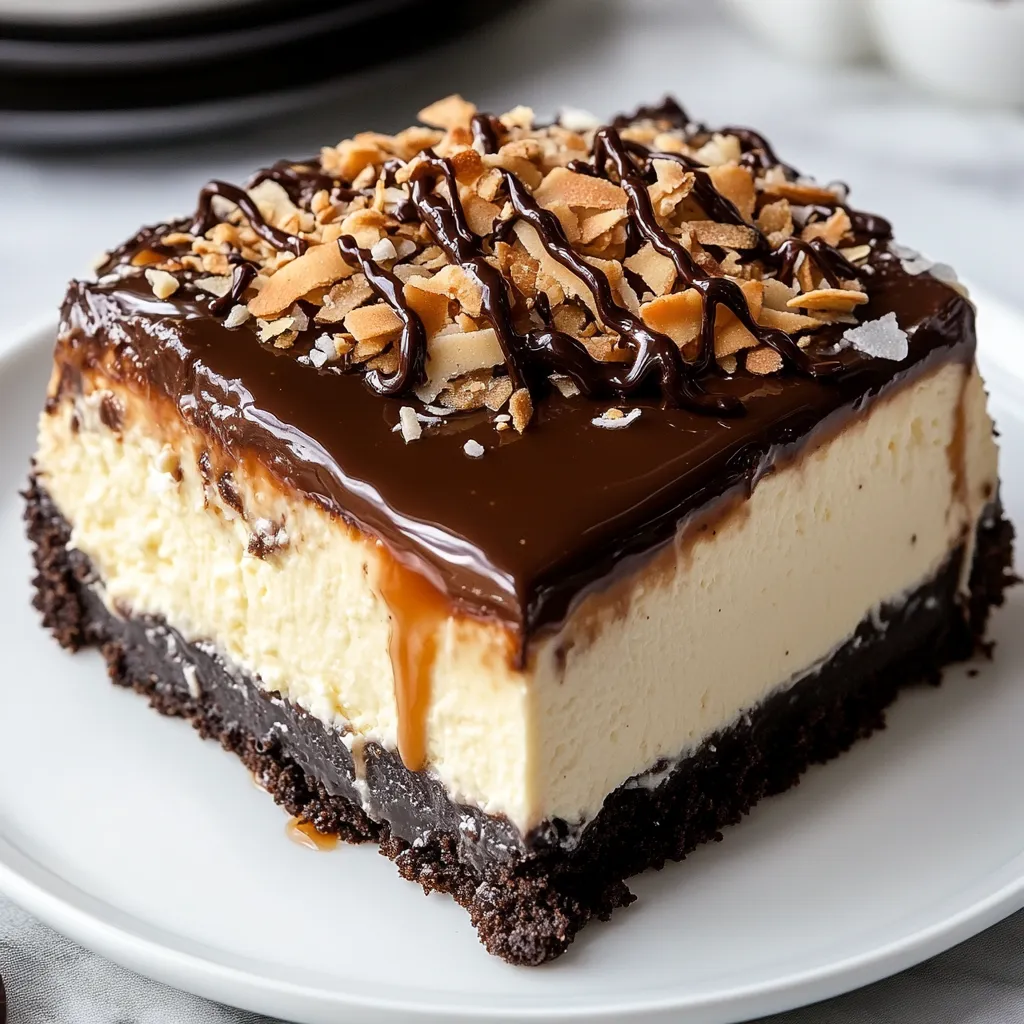A slice of Samoa cheesecake with chocolate and caramel toppings.