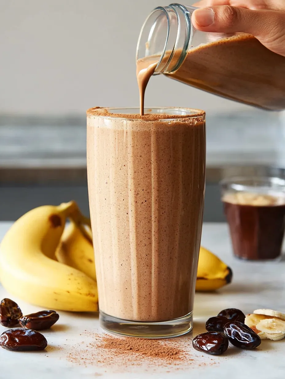 A glass of coffee smoothie with a banana on the side.