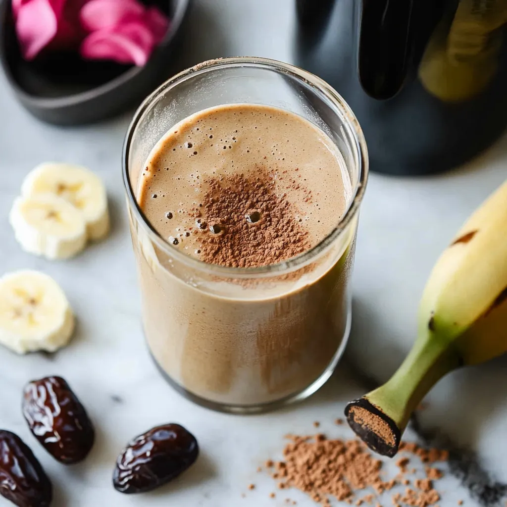 A glass of coffee smoothie with a banana and a spoon.