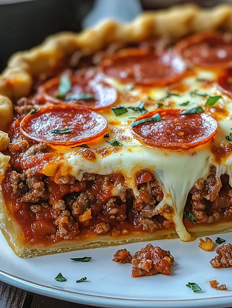 A slice of deep dish hamburger pizza with pepperoni and sausage.