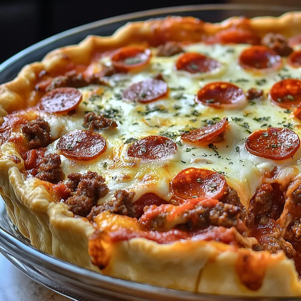 A deep dish pizza with pepperoni and sausage.