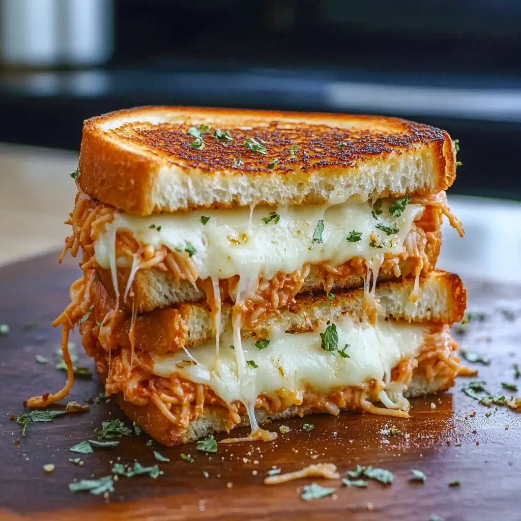 A grilled cheese sandwich with meat on top.