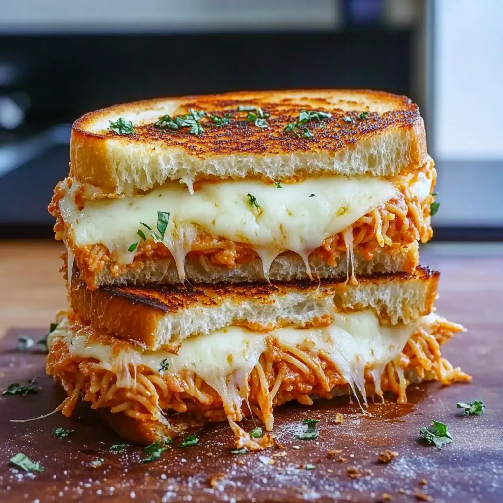 A grilled cheese sandwich with spaghetti on top.
