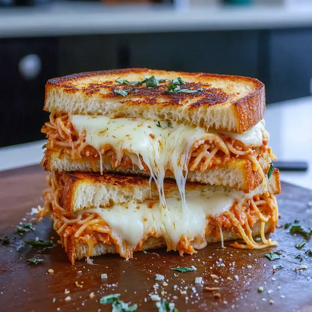A grilled cheese sandwich with spaghetti on top.