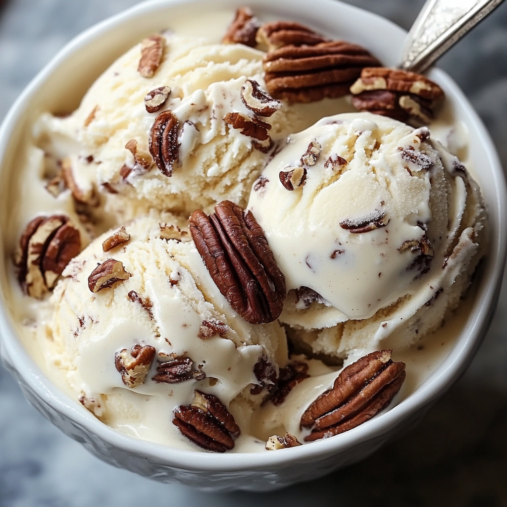 A bowl of homemade butter pecan ice cream.