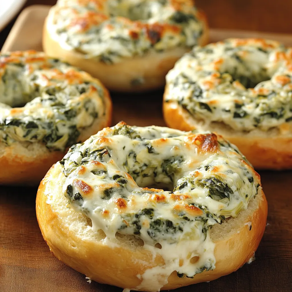 A plate of cheesy spinach-artichoke bagels.