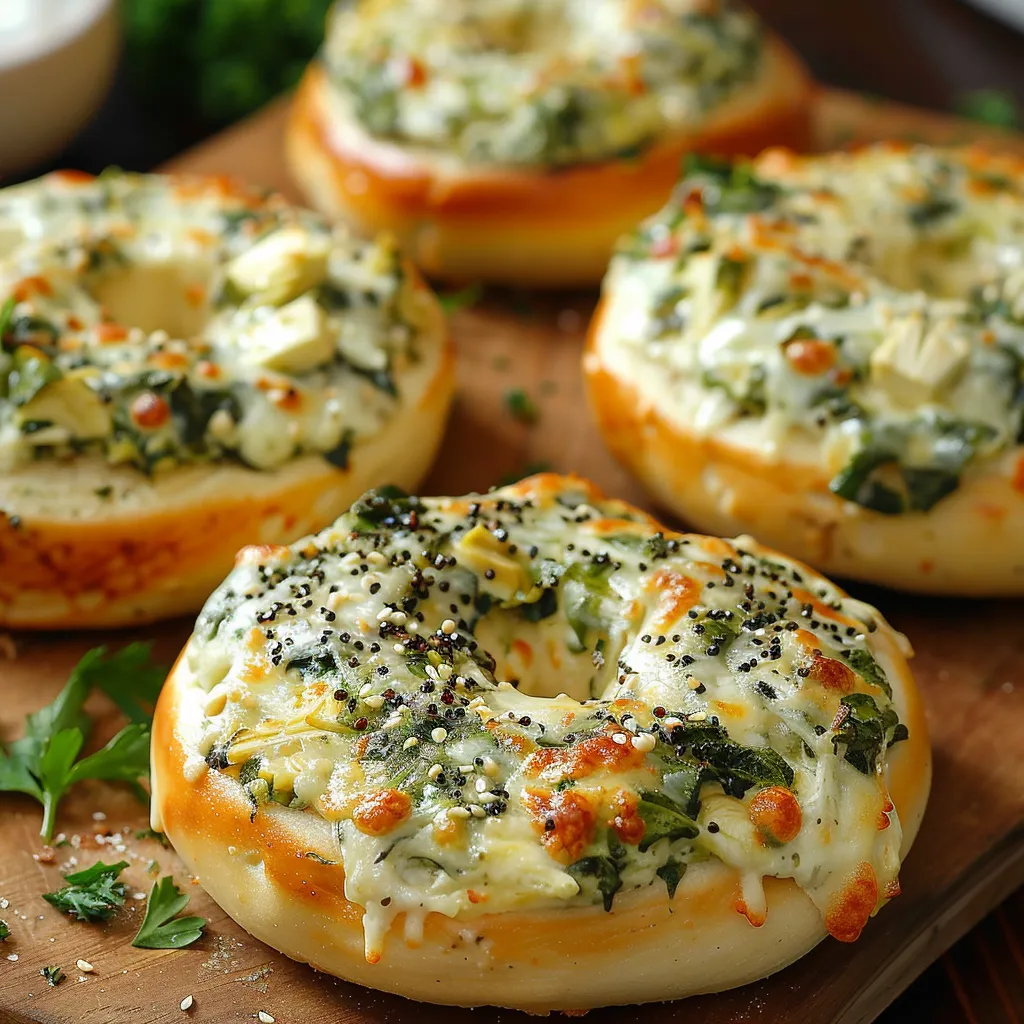 Four cheesy spinach-artichoke bagels on a wooden cutting board.