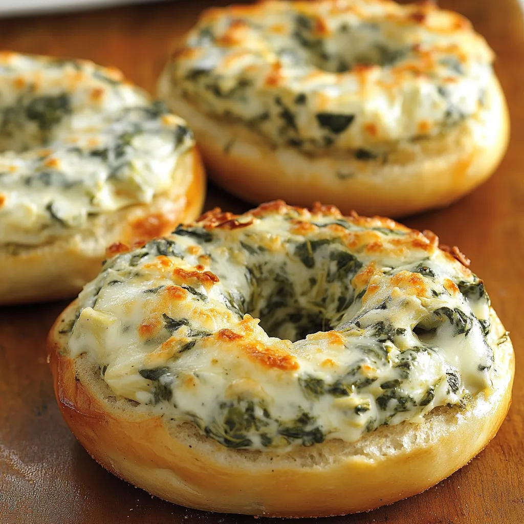 Three cheesy spinach-artichoke bagels on a wooden table.