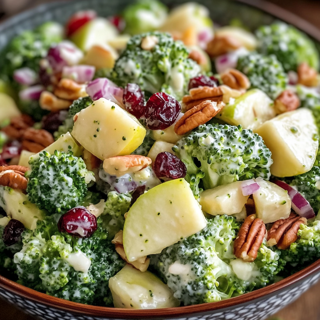 A bowl of broccoli salad with apples and nuts.