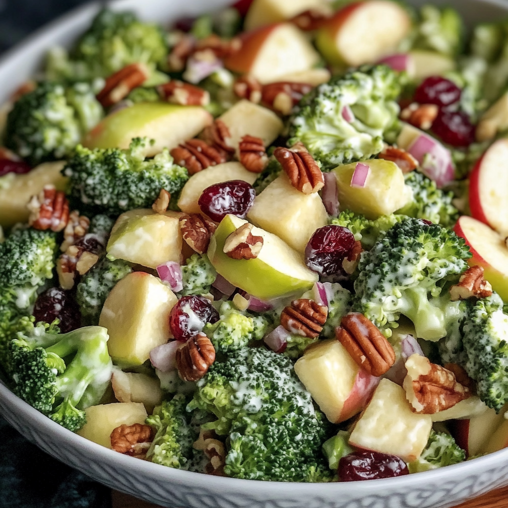 A bowl of broccoli salad with apples and nuts.