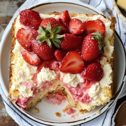 A slice of strawberry cheesecake dump cake.