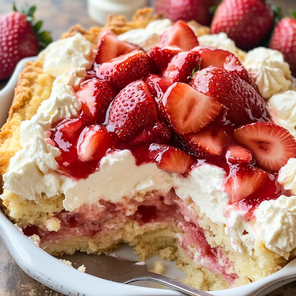 A slice of strawberry cheesecake dump cake.