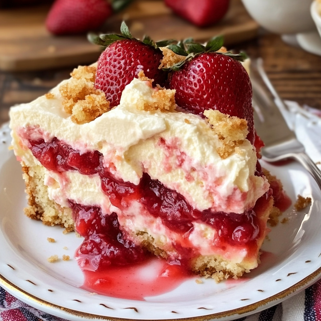 A slice of strawberry cheesecake dump cake.