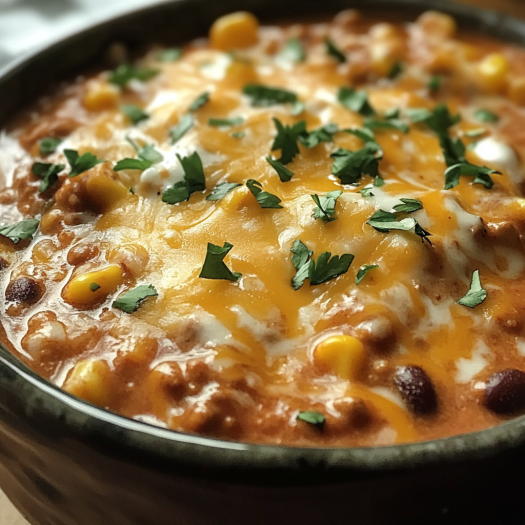 A bowl of cheesy enchilada chili.