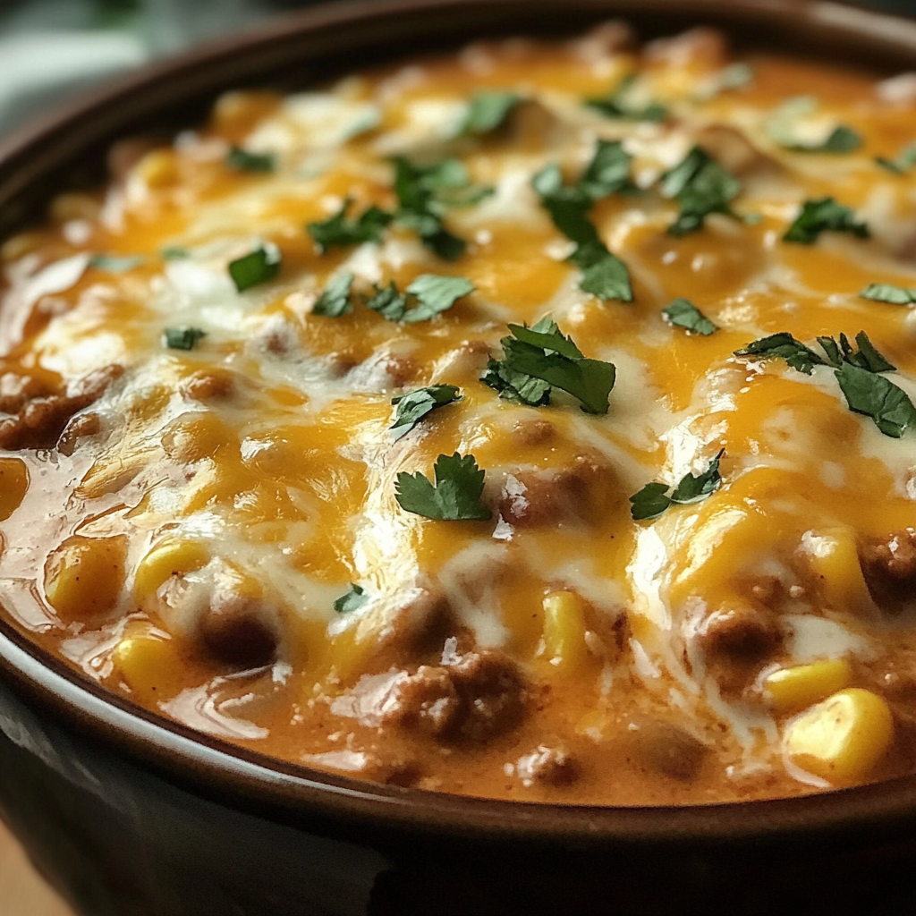 A bowl of cheesy enchilada chili.