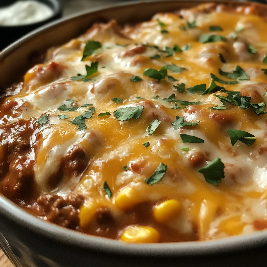 A bowl of cheesy enchilada chili.