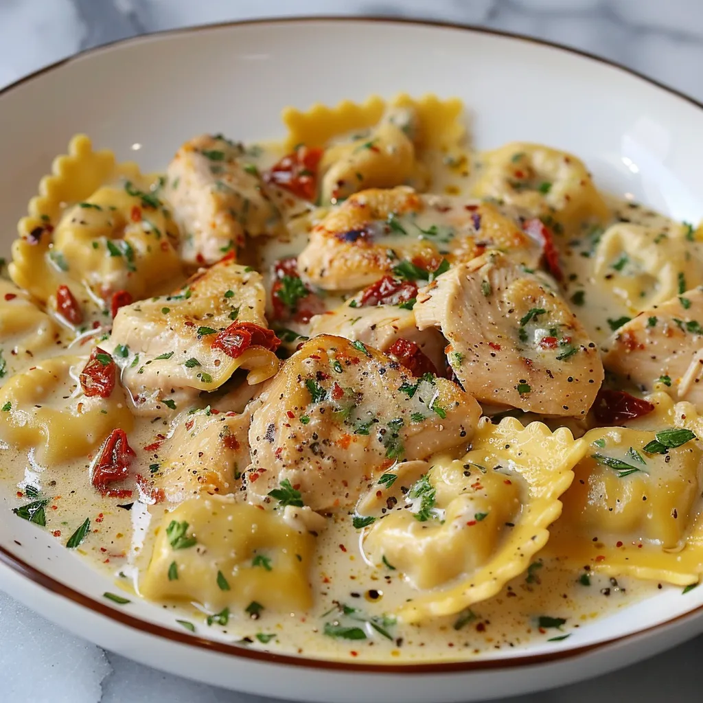 A bowl of creamy sun-dried tomato chicken ravioli.
