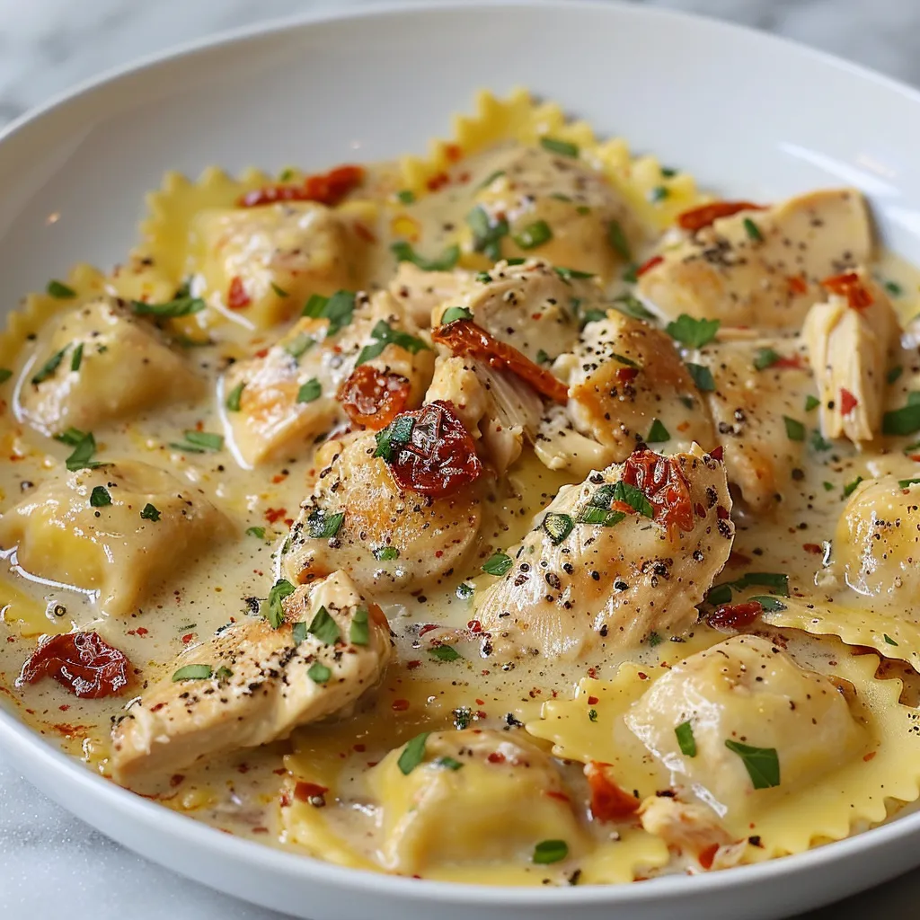 A plate of creamy sun-dried tomato chicken ravioli.