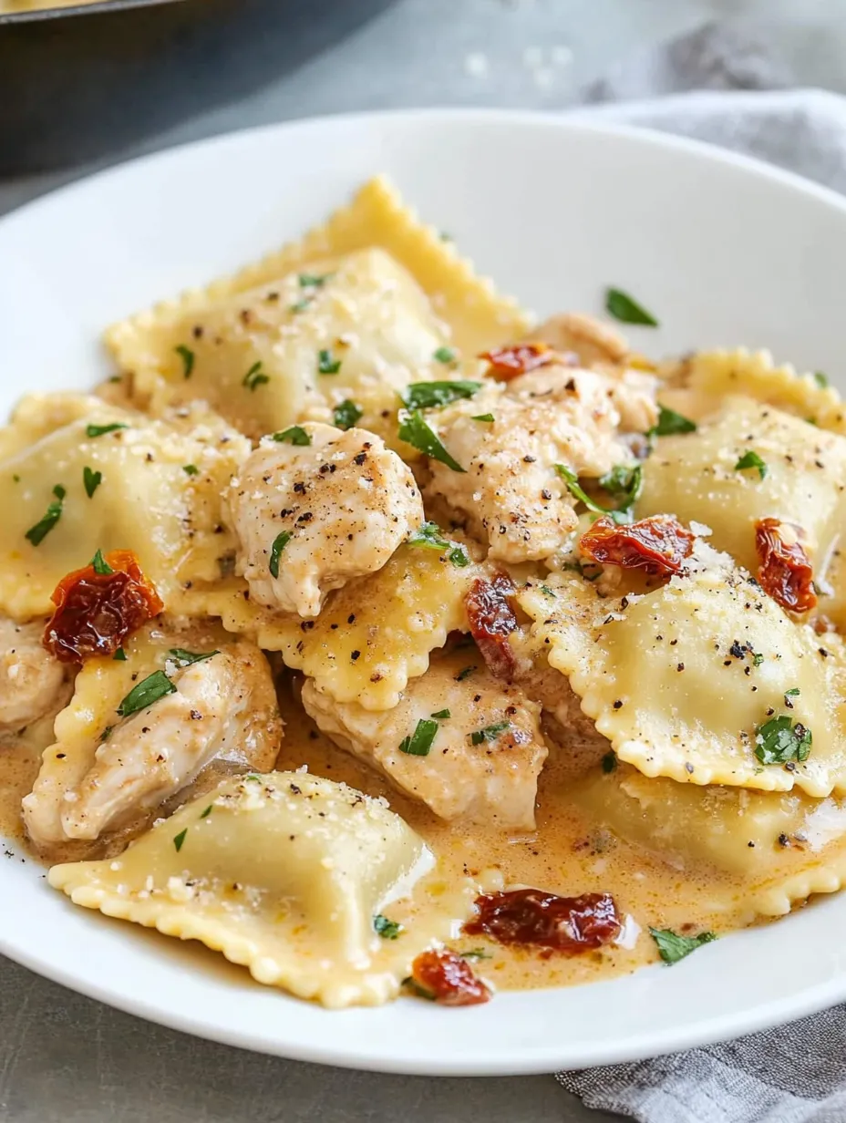 A plate of creamy sun-dried tomato chicken ravioli.