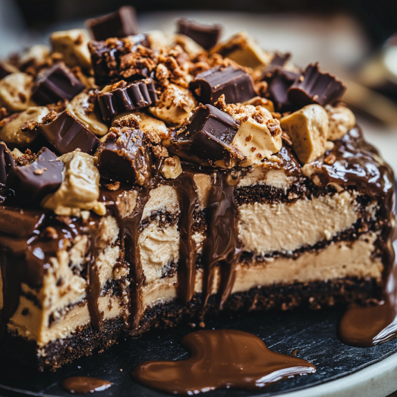 A slice of a peanut butter cup dump cake.