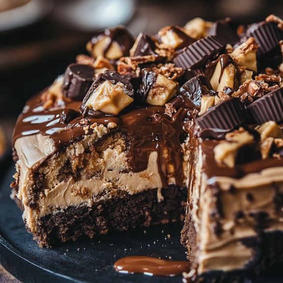 A slice of peanut butter cup dump cake.