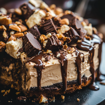 A slice of a peanut butter cup dump cake.