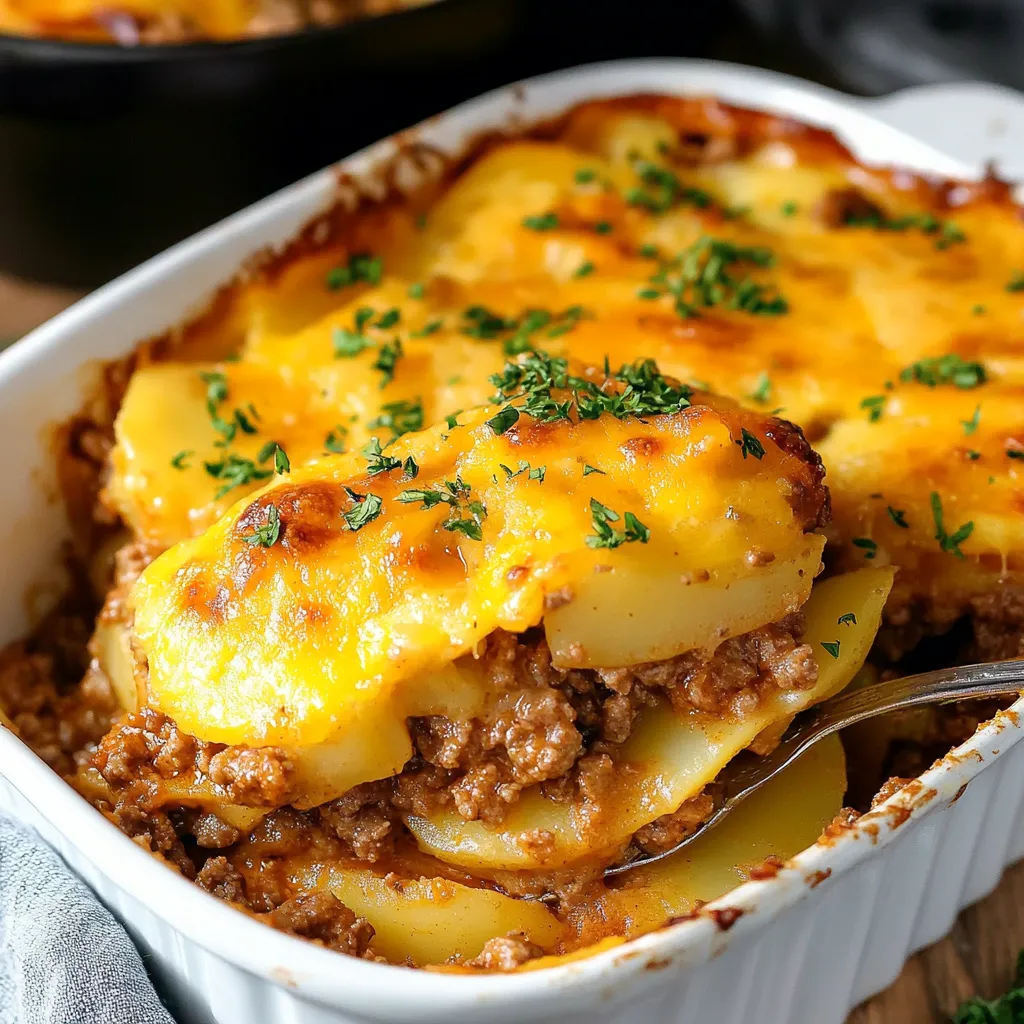 A white bowl filled with a ground beef casserole and potatoes.