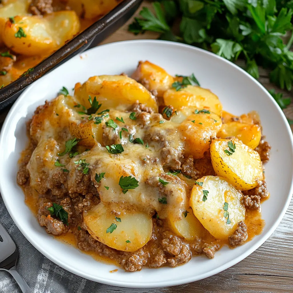 A white bowl filled with ground beef and potatoes.