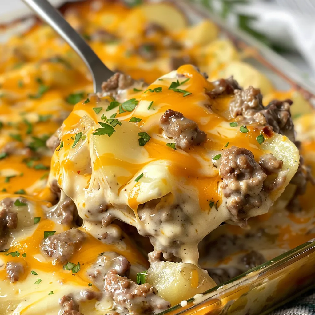A close up of a delicious ground beef casserole with potatoes.
