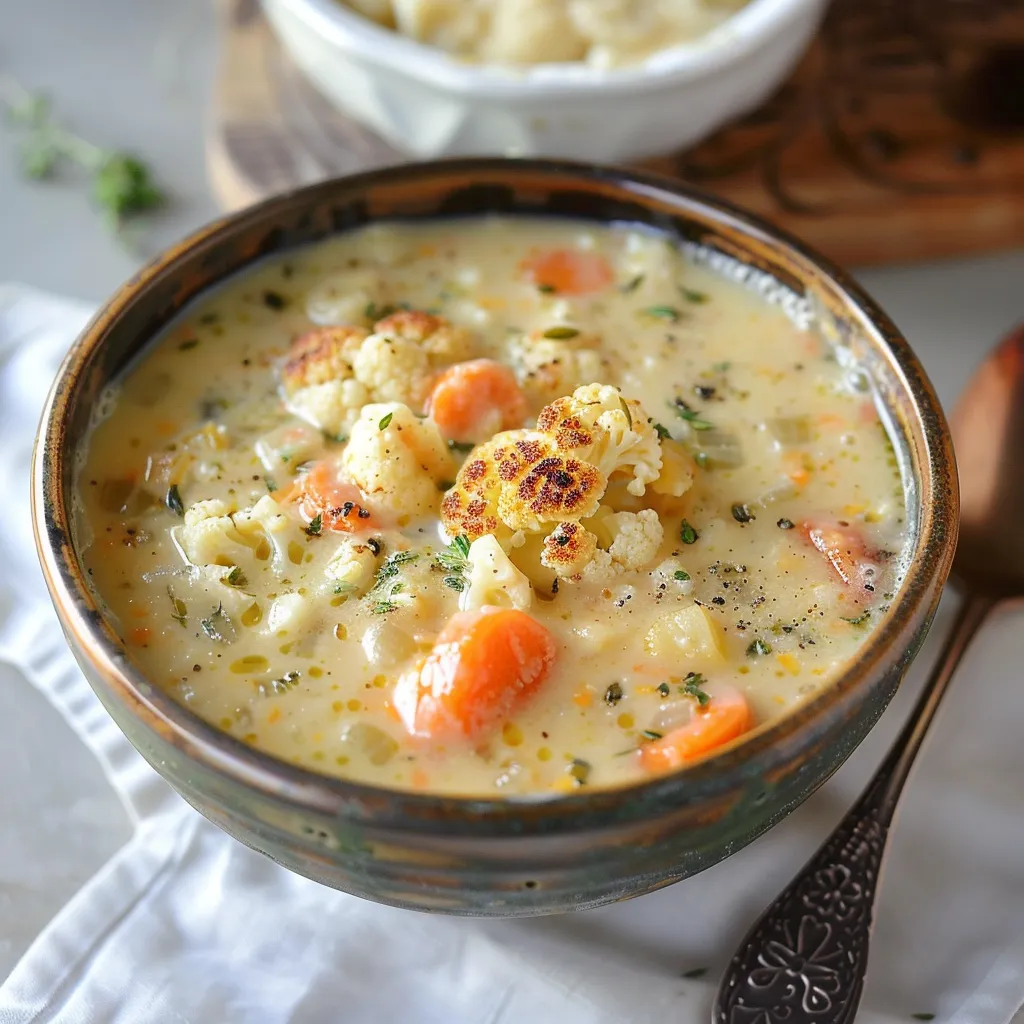 A bowl of soup with carrots and cauliflower.