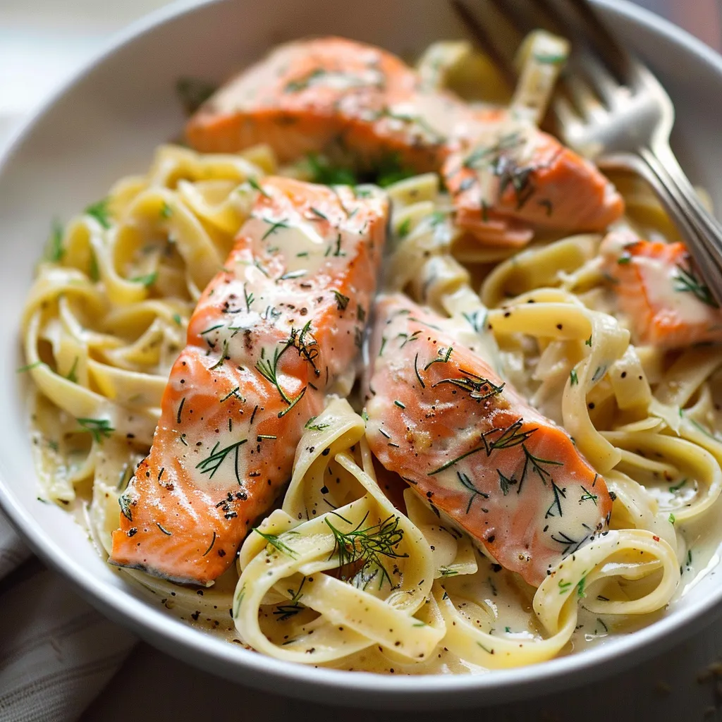 A bowl of pasta with salmon and herbs.