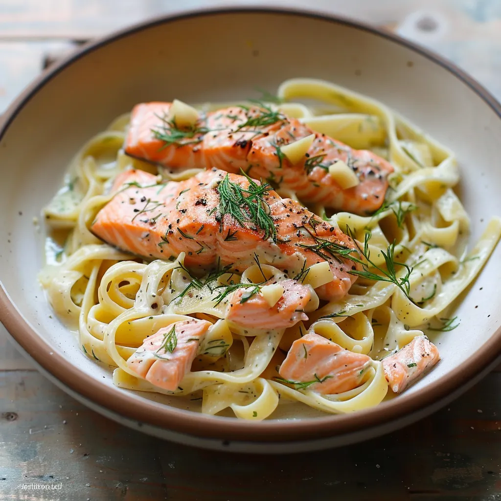 A bowl of pasta with salmon and herbs.