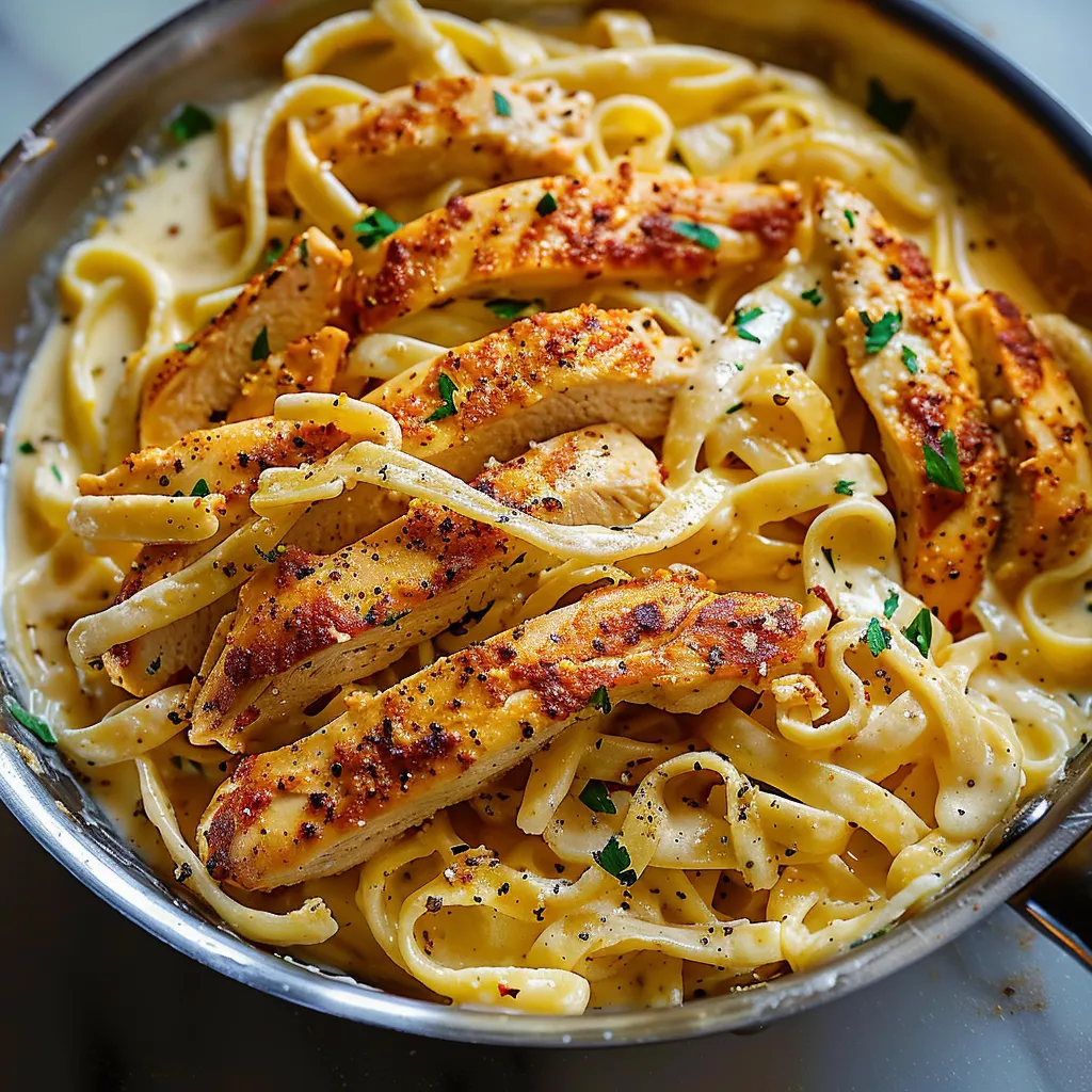 A bowl of pasta with chicken and herbs.