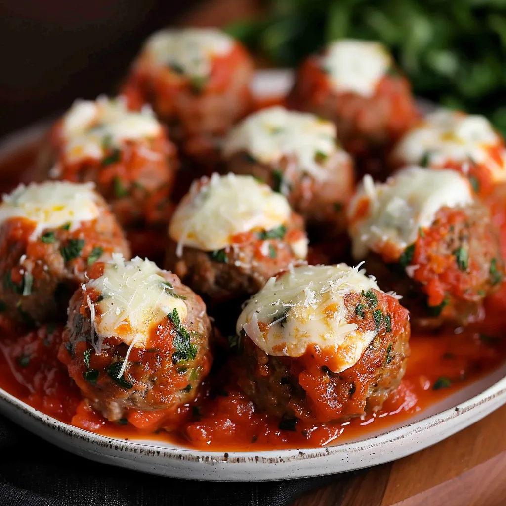 A plate of meatballs covered in cheese.