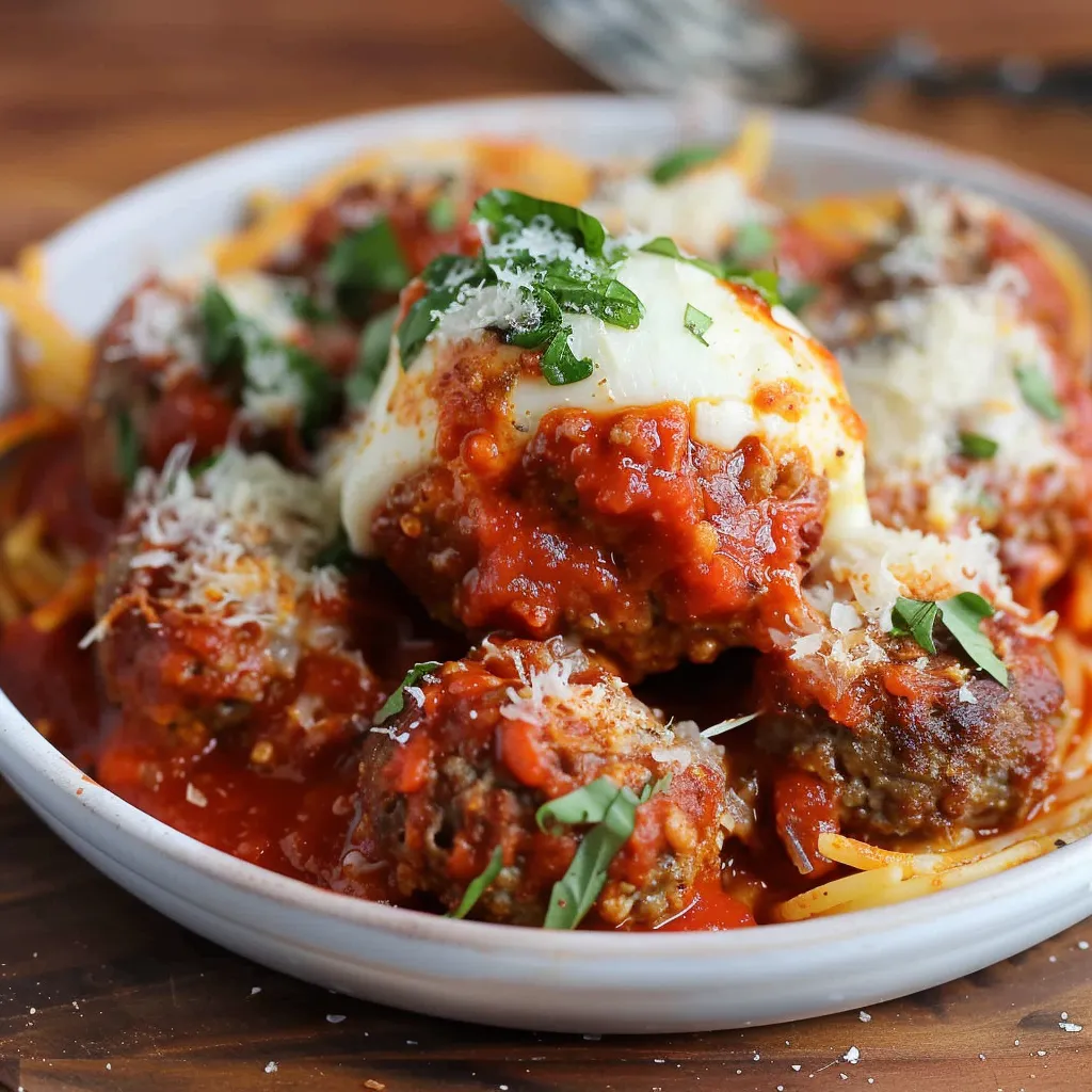 A plate of meatballs with sauce and cheese.