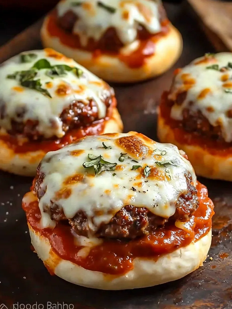 A close up of a cheesy Italian pizza burger.