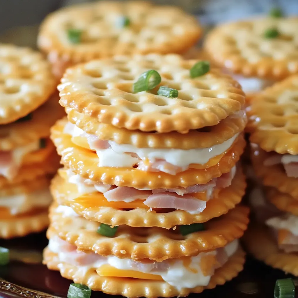 A stack of Ritz Cracker party sandwiches.