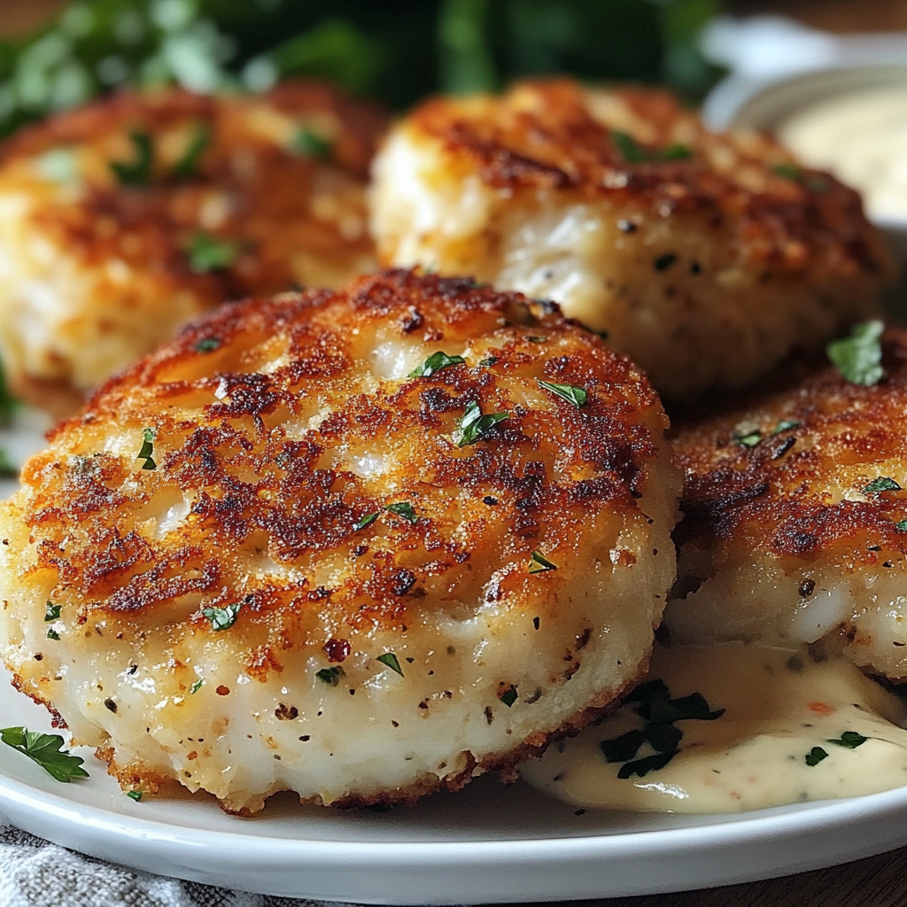 A plate of crab cakes with sauce on it.