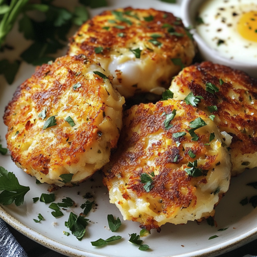A plate of crab cakes with a side of egg.