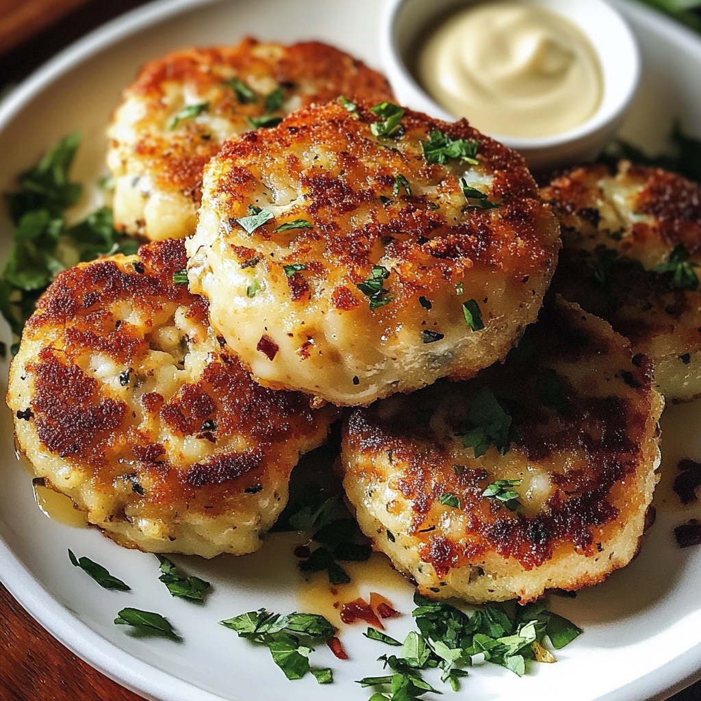 A plate of crab cakes with a dipping sauce.